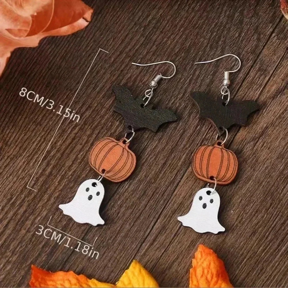 1 LEFT! Halloween Bat, Pumpkin, & Ghost Wood Dangle Earrings - Picture 4 of 6
